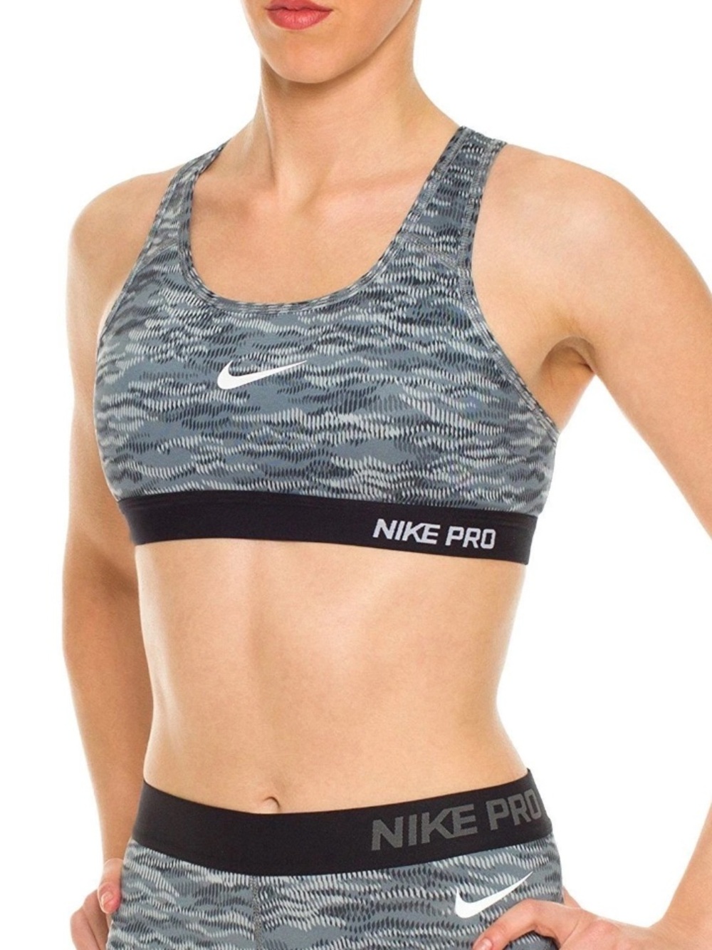 Nike Pro racerback sports bra grey & white wave pattern black underbust band S